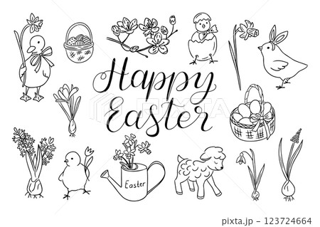 Happy Easter hand drawn doodle set featuring cute chicks, lamb, Easter eggs, flowers, and spring elements in black and white line art. Vector line art drawings for coloring pages 123724664