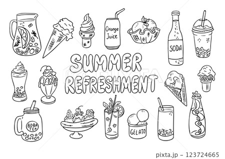 Summer refreshment hand drawn illustration featuring various cold drinks, ice cream, and desserts in a black and white line art style. Vector line art drawings for coloring pages 123724665