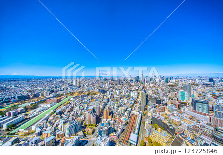 日本の東京都市景観 富士山が見える珍景・新風景。渋谷のビル群や池袋、電車などを望む。アクシュ、男体山 123725846