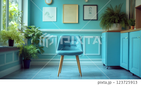A blue chair is centered in a room with plants and turquoise walls. Concept of modern interior design and calm atmosphere. 123725913