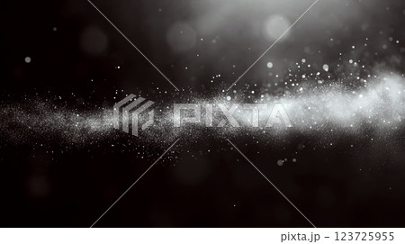 Dust particles float in a dark space, creating a sparkling wave pattern. Concept of cosmic or dreamy atmosphere with glowing specks. 123725955