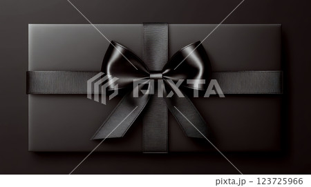 A rectangular gift box wrapped in black ribbon is centered on a black surface. Concept of luxury and elegance. 123725966