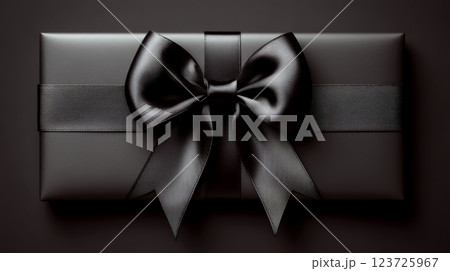 A black gift box with a satin bow lies against a dark background. Concept is elegance and mystery. 123725967
