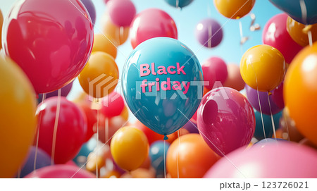 Balloons in various colors float with the words "Black Friday" on one of them. Concept of celebration and shopping. 123726021
