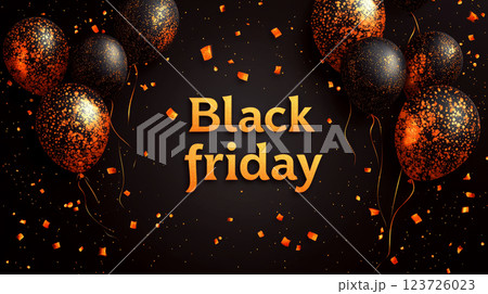 Black and orange balloons float against a dark backdrop with scattered confetti. Concept celebration and shopping event. Black and orange balloons float against a dark backdrop with scattered confetti. Concept celebration and shopping event. 123726023