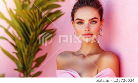 Woman in pink dress leans against a soft pink wall beside green plant, smiling softly. Concept of elegance and style. Woman in pink dress leans against a soft pink wall beside green plant, smiling softly. Concept of elegance and style. 123726034