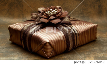 Gift box wrapped in shiny brown paper with a decorative flower on top. Concept of elegance and celebration. 123726042