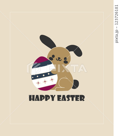 Cute Bunny Holding a Decorative Easter Egg with Happy Easter Text 123726181