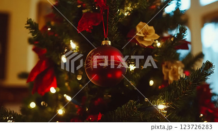 A red ornament hangs on a decorated tree with glowing lights. Concept of festive holiday decoration indoors. 123726283