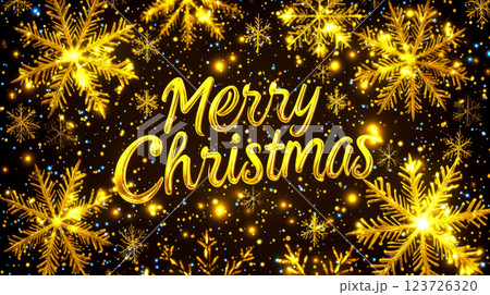 Merry Christmas text surrounded by golden snowflakes on a dark background. Concept of festive holiday celebration. 123726320