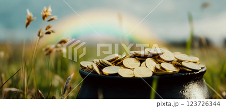 A pot full of gold coins is in a field with a rainbow in the background. Concept of luck and treasure. 123726344