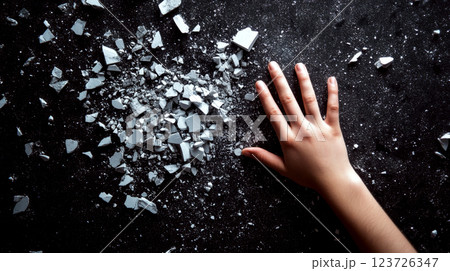 A hand reaches out to touch scattered white particles on a dark surface. Concept of interaction and chaos. 123726347
