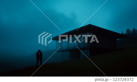 Couple stands near modern house on a foggy hilltop, embraced. Concept of romance, tranquility, and isolation. 123726372