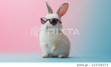 Bunny with sunglasses sits against a pink and blue background. Concept is cute and playful fashion. 123726373