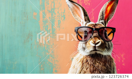 Rabbit wearing sunglasses against a vibrant, textured background. Concept is quirky and stylish animal. 123726374