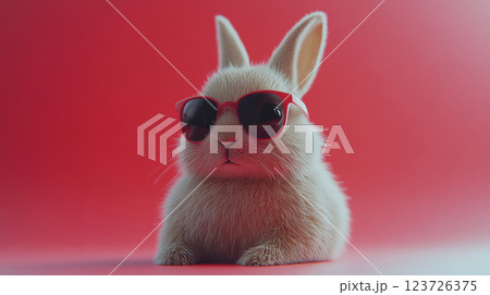 Bunny wearing sunglasses sits against a vibrant red backdrop. Concept is playful and stylish. 123726375