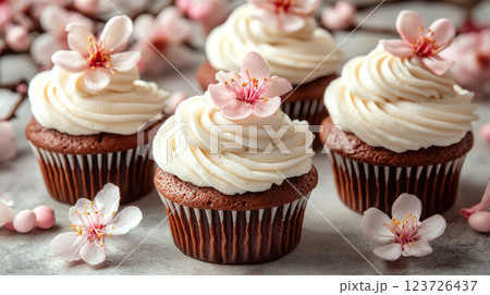Cupcakes topped with white frosting and pink flowers are arranged on a table. Concept: dessert, elegance, celebration. Cupcakes topped with white frosting and pink flowers are arranged on a table. Concept: dessert, elegance, celebration. 123726437
