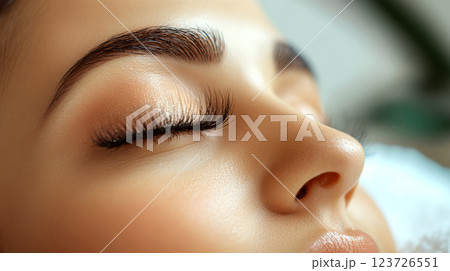 Closed eye with long eyelashes is resting on a soft surface. Concept of relaxation and beauty. 123726551