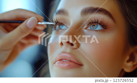 A makeup brush is delicately applying mascara to a woman's eyelashes. Concept of beauty and self-care. 123726552