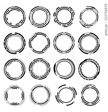 Set of hud round frames or borders, sci fi circular neon elements for digital ui game interface. Futuristic data UI display buttons. Vector radars for aim control target and navigation 123726878