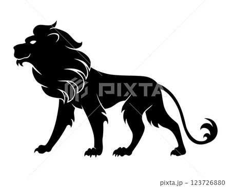 Heraldic lion silhouette. Black lion in flat style. Heraldic icon, symbol and design element isolated on white background. Vector illustration Heraldic lion silhouette. Black lion in flat style. Heraldic icon, symbol and design element isolated on white background. Vector illustration 123726880