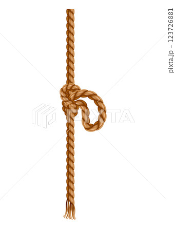 Hanging rope with tassel and node. Knitted nautical thread or marine vertical fiber. Textile tassel hang at rope isolated on white background. Vector illustration Hanging rope with tassel and node. Knitted nautical thread or marine vertical fiber. Textile tassel hang at rope isolated on white background. Vector illustration 123726881