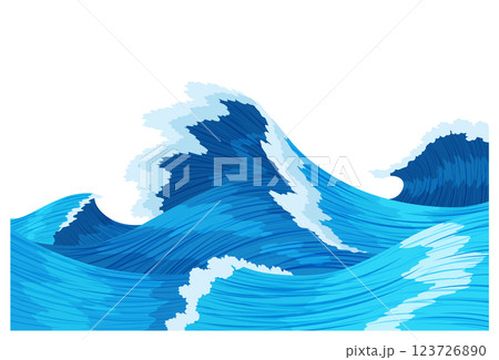Ocean waves, splash water, marine sea storm element. Blue sea or ocean wave with spray, foam on crest. Vector illustration 123726890