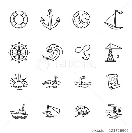 Marine port icon set. Outline linear seaport symbol vector. Linear style illustration with editable stroke isolated on white background Marine port icon set. Outline linear seaport symbol vector. Linear style illustration with editable stroke isolated on white background 123726902