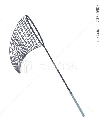Fish net icon, isolated fishnet and fish scoop. Mesh tool used for catching. Device for safely transferring fish from one container to another or water. Vector cartoon illustration 123726908
