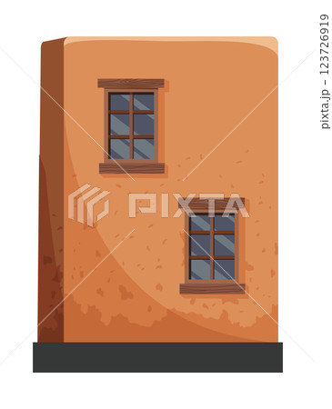 Adobe house. Traditional building illustrate craftsmanship of rustic architecture. Construction with wooden elements. Vector cartoon illustration Adobe house. Traditional building illustrate craftsmanship of rustic architecture. Construction with wooden elements. Vector cartoon illustration 123726919
