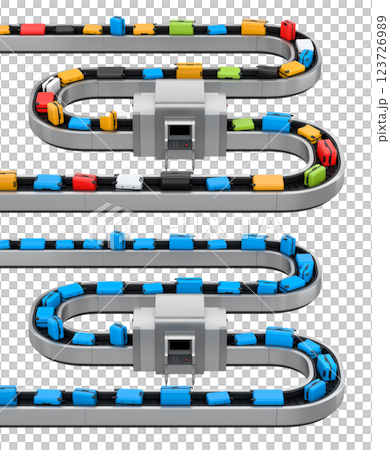 Set of Airport luggage conveyor belt or baggage claim area with suitcases on white background. 3d render of travel vacation concept. Set of Airport luggage conveyor belt or baggage claim area with suitcases on white background. 3d render of travel vacation concept. 123726989