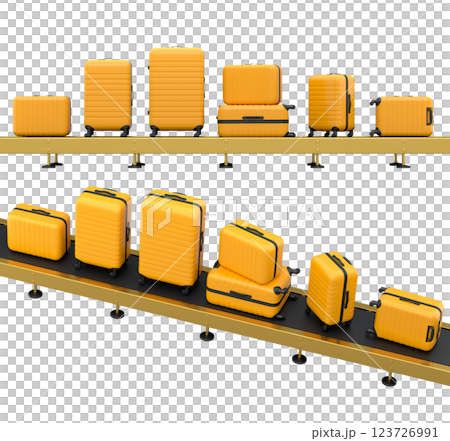 Set of Airport luggage conveyor belt, manufacture line or baggage claim area with suitcases on white background. 3d render of travel vacation concept. 123726991