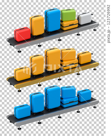 Set of Airport luggage conveyor belt, manufacture line or baggage claim area with suitcases on white background. 3d render of travel vacation concept. 123726992
