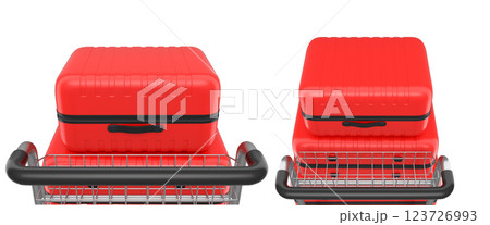 Set of Regular polycarbonate suitcase on hotel trolley cart for carrying baggage on white background. 3d render travel concept of hotel service on vacation and luggage transportation Set of Regular polycarbonate suitcase on hotel trolley cart for carrying baggage on white background. 3d render travel concept of hotel service on vacation and luggage transportation 123726993
