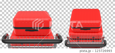 Set of Regular polycarbonate suitcase on hotel trolley cart for carrying baggage on white background. 3d render travel concept of hotel service on vacation and luggage transportation Set of Regular polycarbonate suitcase on hotel trolley cart for carrying baggage on white background. 3d render travel concept of hotel service on vacation and luggage transportation 123726993