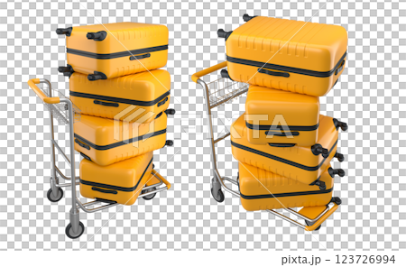 Set of Regular polycarbonate suitcase on hotel trolley cart for carrying baggage on white background. 3d render travel concept of hotel service on vacation and luggage transportation Set of Regular polycarbonate suitcase on hotel trolley cart for carrying baggage on white background. 3d render travel concept of hotel service on vacation and luggage transportation 123726994