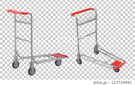 Set of Airport luggage cart or baggage trolley side on white background. 3d render element of hotel service on vacation Set of Airport luggage cart or baggage trolley side on white background. 3d render element of hotel service on vacation 123726995