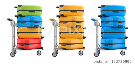 Set of Regular polycarbonate suitcase on hotel trolley cart for carrying baggage on white background. 3d render travel concept of hotel service on vacation and luggage transportation Set of Regular polycarbonate suitcase on hotel trolley cart for carrying baggage on white background. 3d render travel concept of hotel service on vacation and luggage transportation 123726996