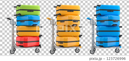 Set of Regular polycarbonate suitcase on hotel trolley cart for carrying baggage on white background. 3d render travel concept of hotel service on vacation and luggage transportation Set of Regular polycarbonate suitcase on hotel trolley cart for carrying baggage on white background. 3d render travel concept of hotel service on vacation and luggage transportation 123726996