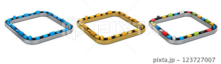 Set of Airport luggage conveyor belt or baggage claim area with suitcases on white background. 3d render of travel vacation concept. 123727007