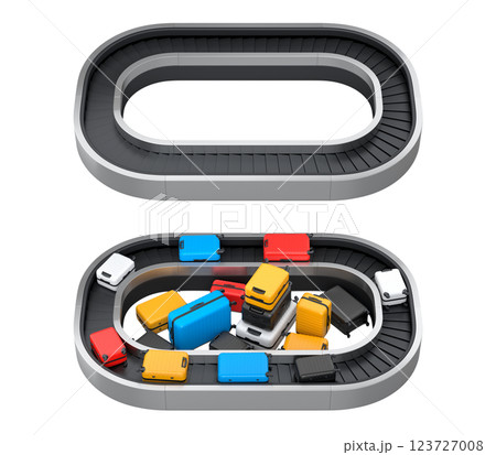 Set of Airport luggage conveyor belt or baggage claim area with suitcases on white background. 3d render of travel vacation concept. 123727008