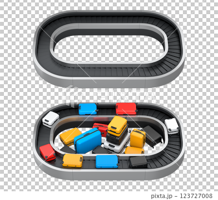 Set of Airport luggage conveyor belt or baggage claim area with suitcases on white background. 3d render of travel vacation concept. 123727008