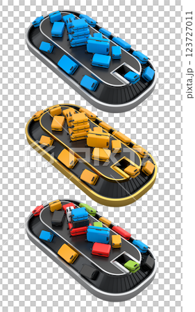 Set of Airport luggage conveyor belt or baggage claim area with suitcases on white background. 3d render of travel vacation concept. 123727011