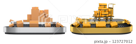 Set of Airport luggage conveyor belt or baggage claim area with suitcases on white background. 3d render of travel vacation concept. 123727012