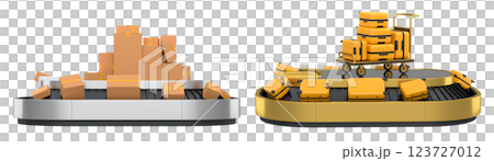 Set of Airport luggage conveyor belt or baggage claim area with suitcases on white background. 3d render of travel vacation concept. 123727012