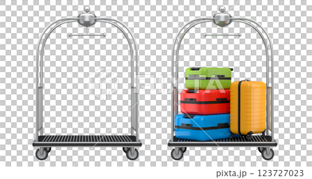 Set of Regular polycarbonate suitcase on hotel trolley cart for carrying baggage on white background. 3d render travel concept of hotel service on vacation and luggage transportation Set of Regular polycarbonate suitcase on hotel trolley cart for carrying baggage on white background. 3d render travel concept of hotel service on vacation and luggage transportation 123727023