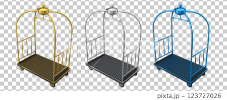 Set of Hotel luggage trolley cart for carrying baggage on white background. 3d render element of hotel service on vacation Set of Hotel luggage trolley cart for carrying baggage on white background. 3d render element of hotel service on vacation 123727026