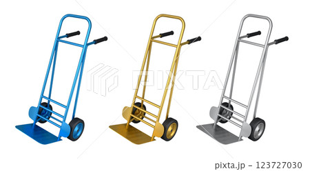 Set of Empty hand truck or dolly isolated on white background. 3d render of industry delivery and carrying stuff on warehouse and store 123727030