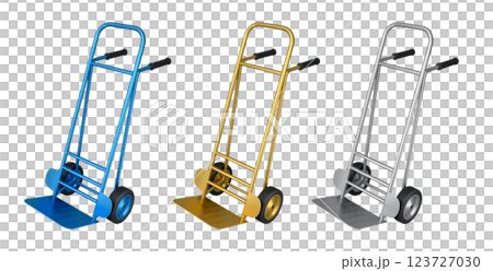 Set of Empty hand truck or dolly isolated on white background. 3d render of industry delivery and carrying stuff on warehouse and store 123727030