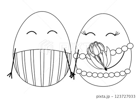Black and white Easter themed coloring page featuring a happy family Easter eggs couple holding hands with bouquet tulips and decorations. Ideal for festive crafts. 123727033